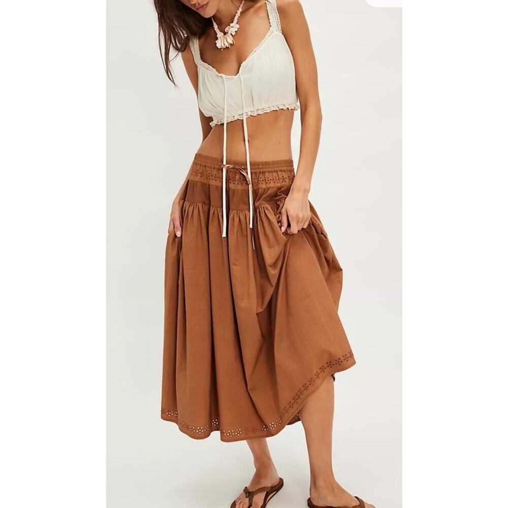 Free People Tan-Brown Tiered Midi Skirt